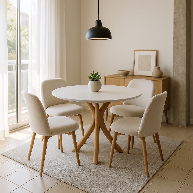 Mesa branca redonda com quatro lugares em um apartamento pequeno com decoração minimalista